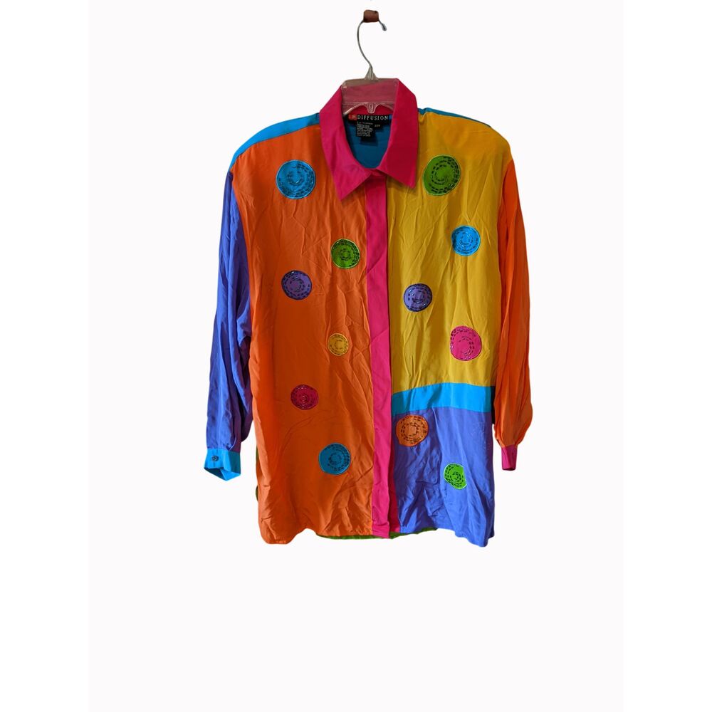 I.B. Diffusion Silk Blouse Colorblock Beaded Shirt Applique Top Vintage Sz22 90s